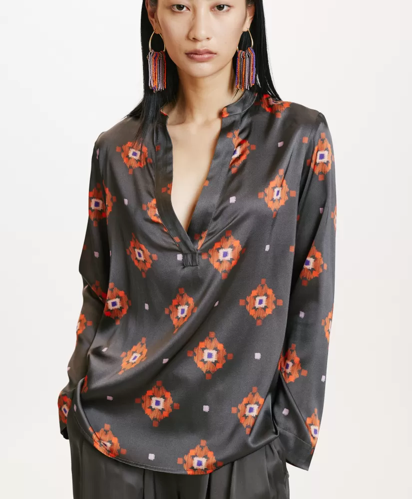 BLUSA ATLANTA IN RASO STRETCH STAMPATO--Momoni Flash Sale
