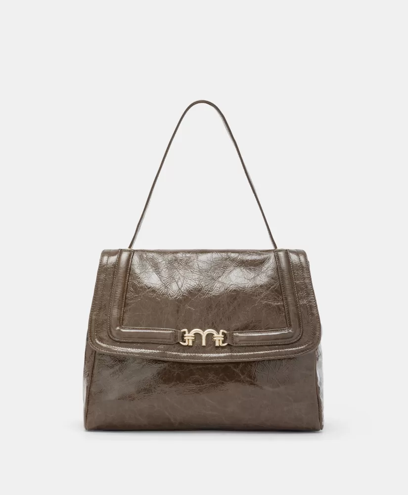 BORSA FLORE IN PELLE NAPLAK-MARRONE SCURO-Momoni Cheap