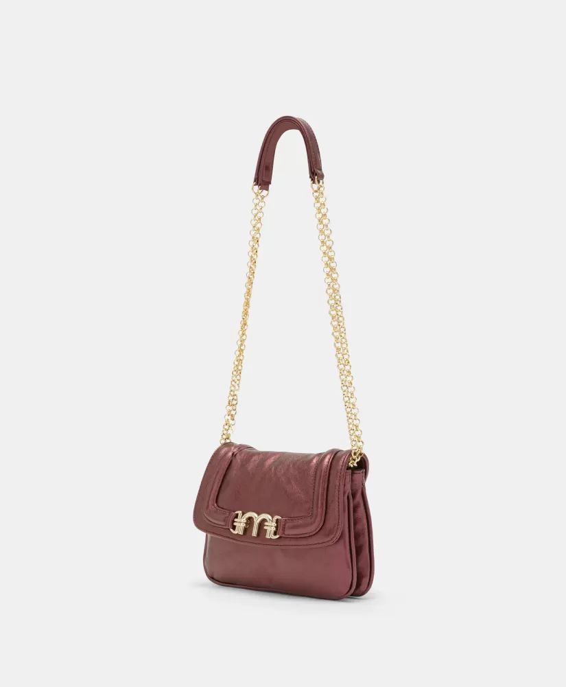 BORSA MIMI' FLORE IN ECOPELLE LAMINATA-MOSTO D'UVA-Momoni Online