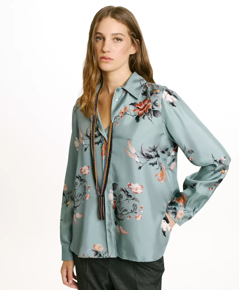 CAMICIA ARLES IN TWILL DI SETA STAMPATO - AZZURRO/TABACCO-Momoni Best