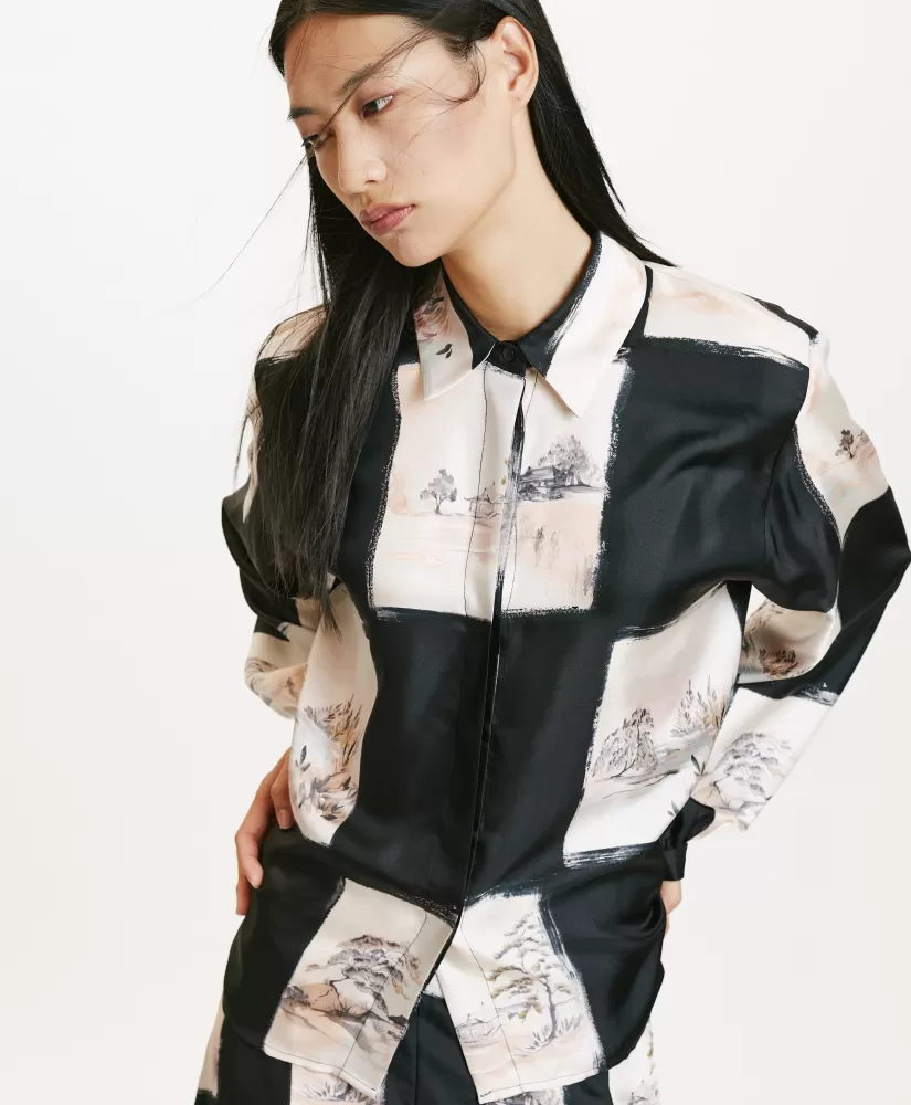 CAMICIA ICHIGO IN TWILL DI SETA STAMPATO-MULTICOLORE NERO-Momoni Cheap