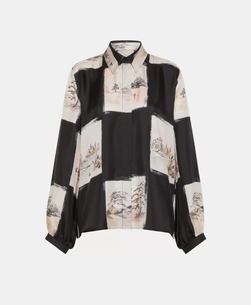 CAMICIA ICHIGO IN TWILL DI SETA STAMPATO-MULTICOLORE NERO-Momoni Cheap