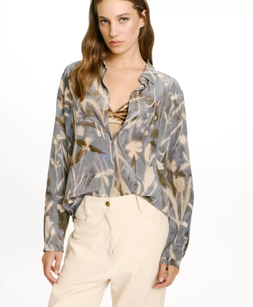 CAMICIA MEUDON IN CREPE DE CHINE STAMPATO-BLU POLVERE/CREMA-Momoni New