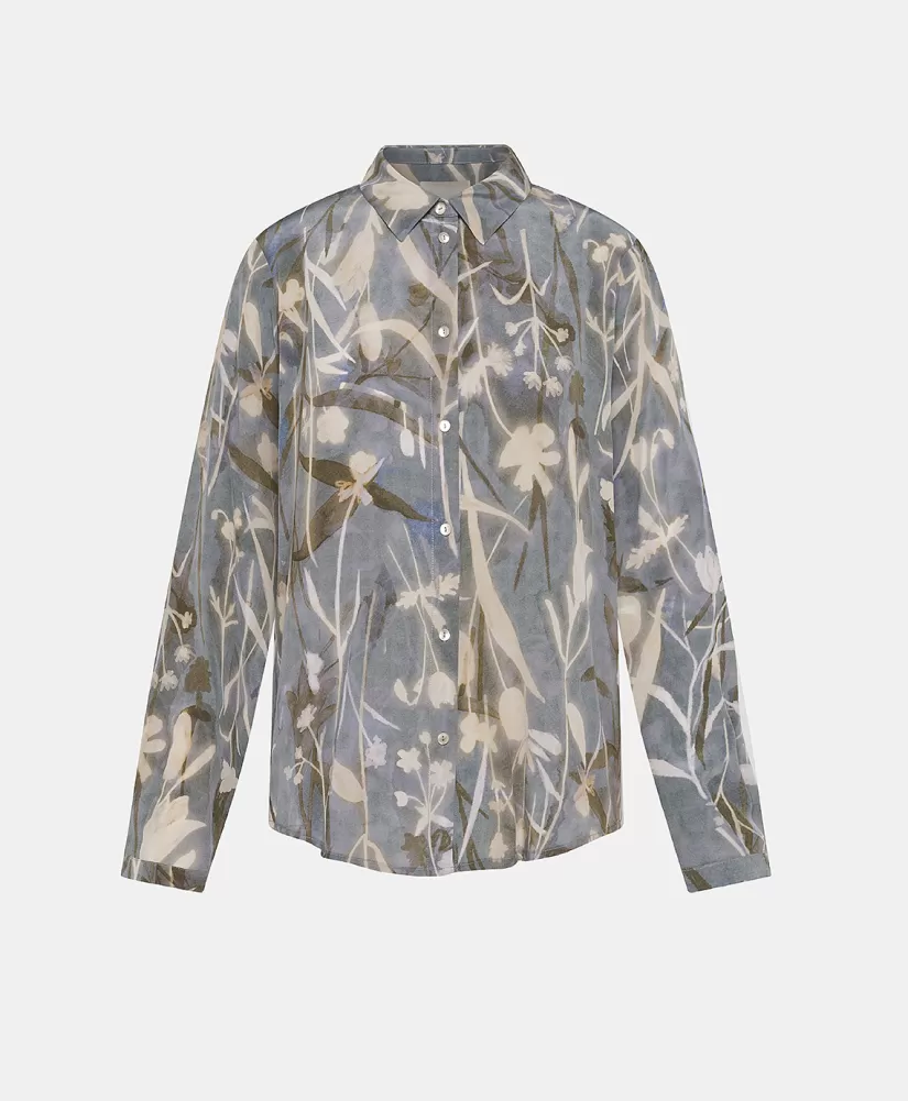 CAMICIA MEUDON IN CREPE DE CHINE STAMPATO-BLU POLVERE/CREMA-Momoni New
