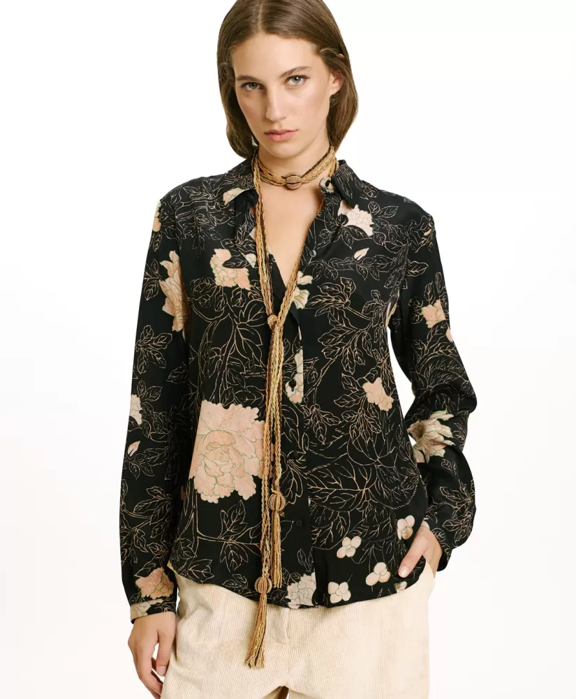 CAMICIA MEUDON IN CREPE DE CHINE STAMPATO-NERO/ROSA CIPRIA-Momoni Fashion