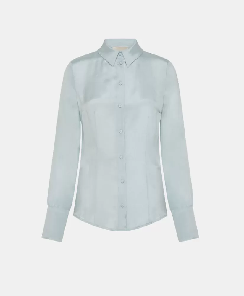 CAMICIA ORIGA IN MISTO SETA DI CREPE-VERDE ACQUA-Momoni Shop