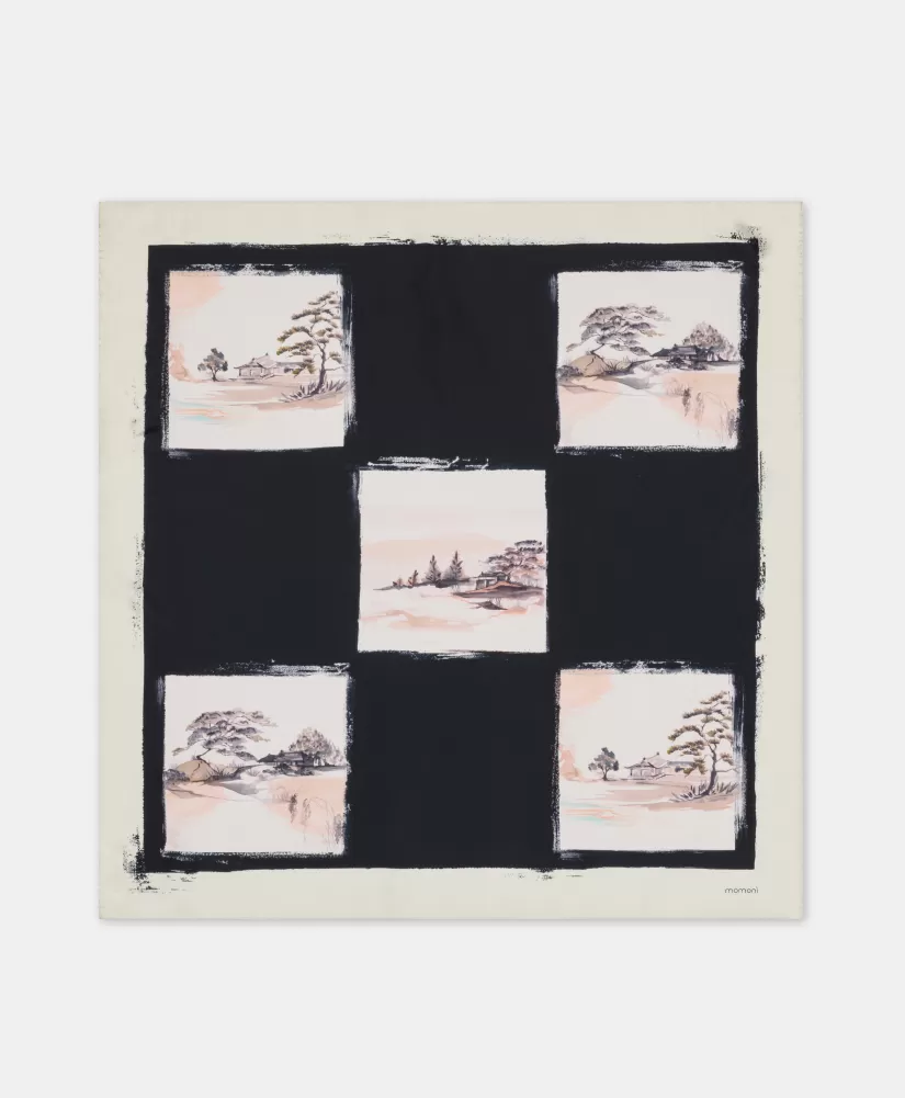 FOULARD NIPPONIA IN SETA-MULTICOLORE NERO-Momoni Store