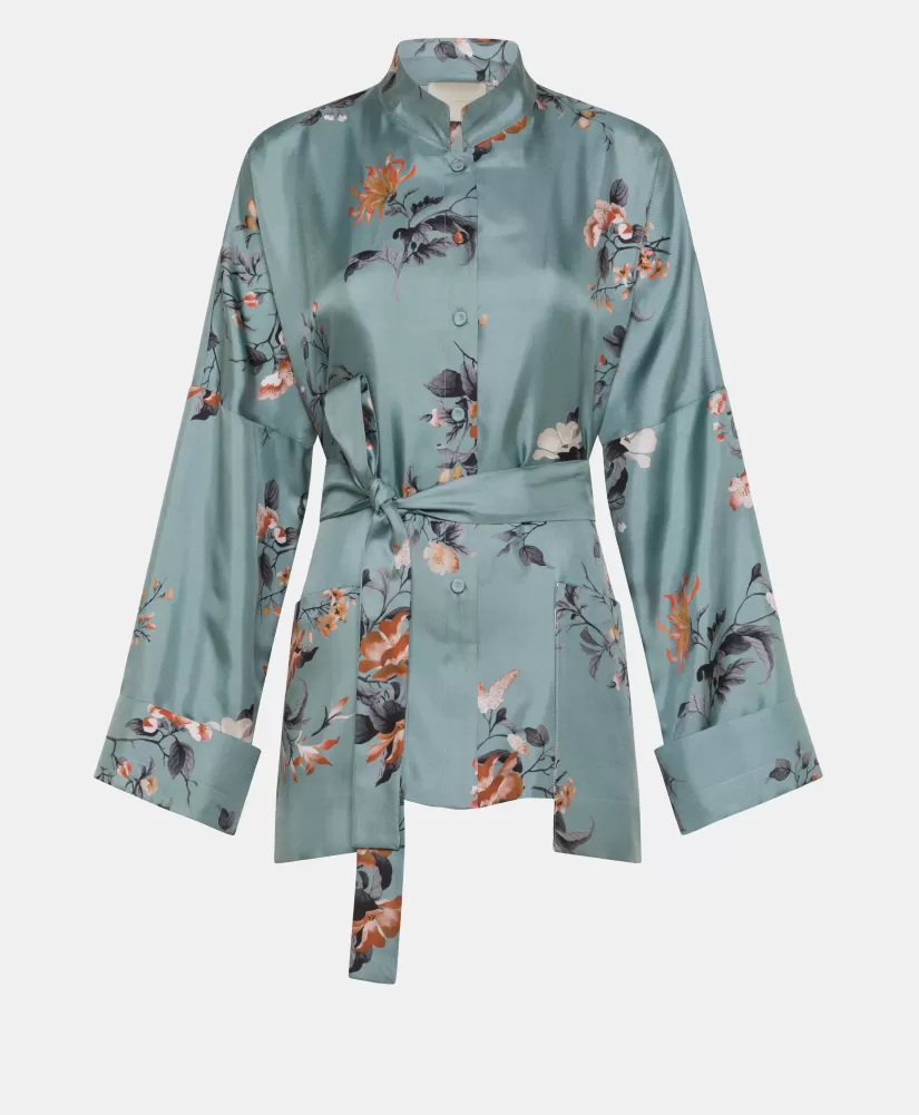 GIACCA JAPONIKA IN TWILL DI SETA STAMPATO - AZZURRO/TABACCO-Momoni Discount