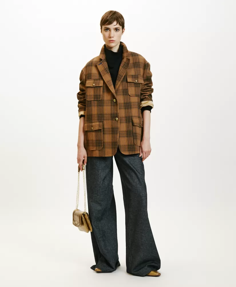 GIACCA SHIOMI IN CANVAS COTONE LANA CHECK-MULTICOLORE CACAO-Momoni Clearance