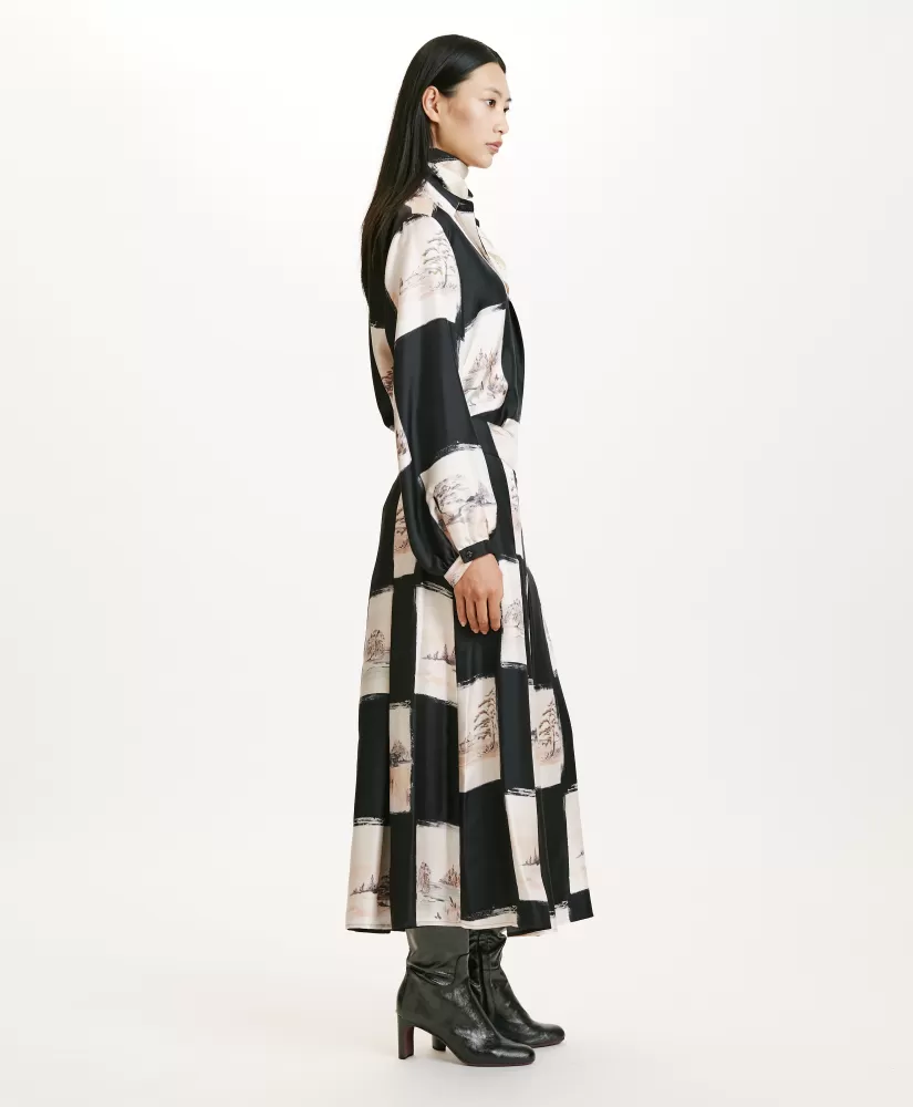 GONNA HARUKA IN TWILL DI SETA STAMPATO-MULTICOLORE NERO-Momoni New