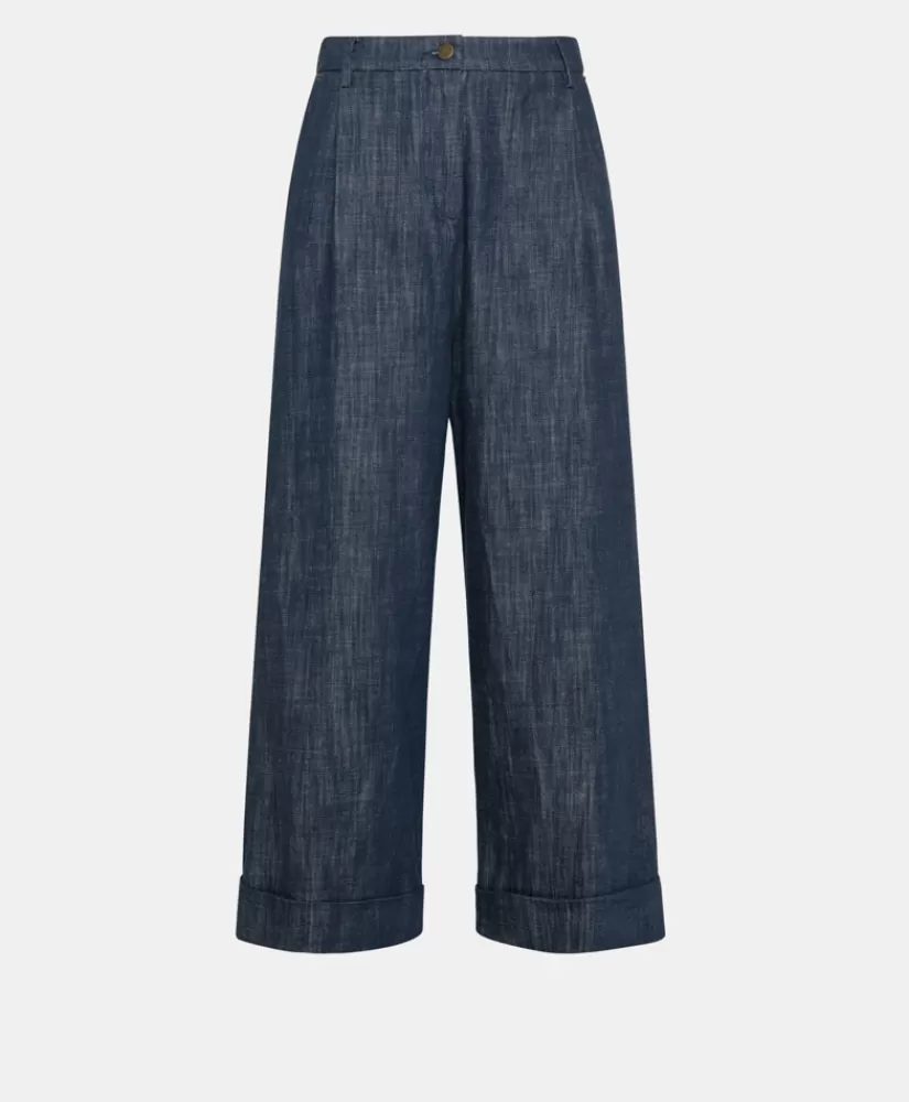PANTALONI GRECALE IN DENIM COLOR FERMO-BLU JEANS-Momoni Cheap