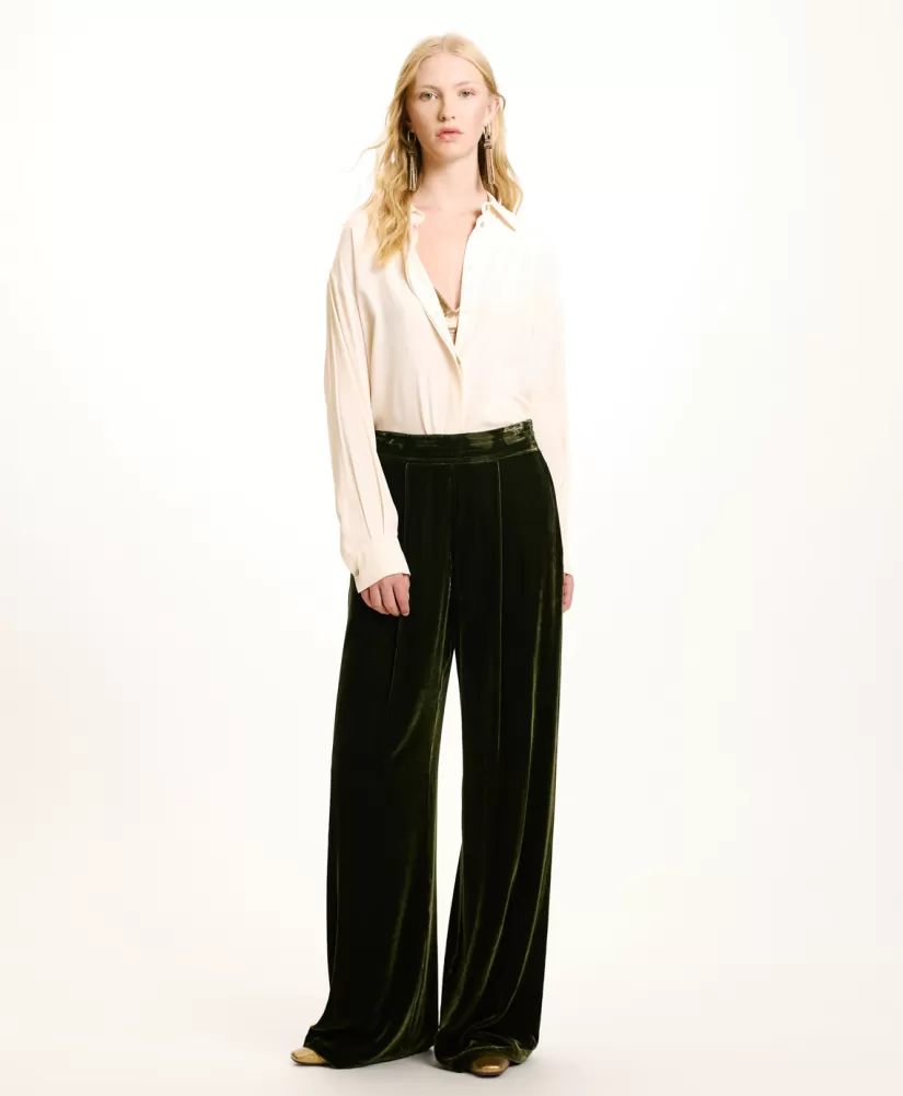 PANTALONI PASCAL IN VELLUTO MISTO SETA LISCIO-VERDE MATCHA-Momoni Fashion