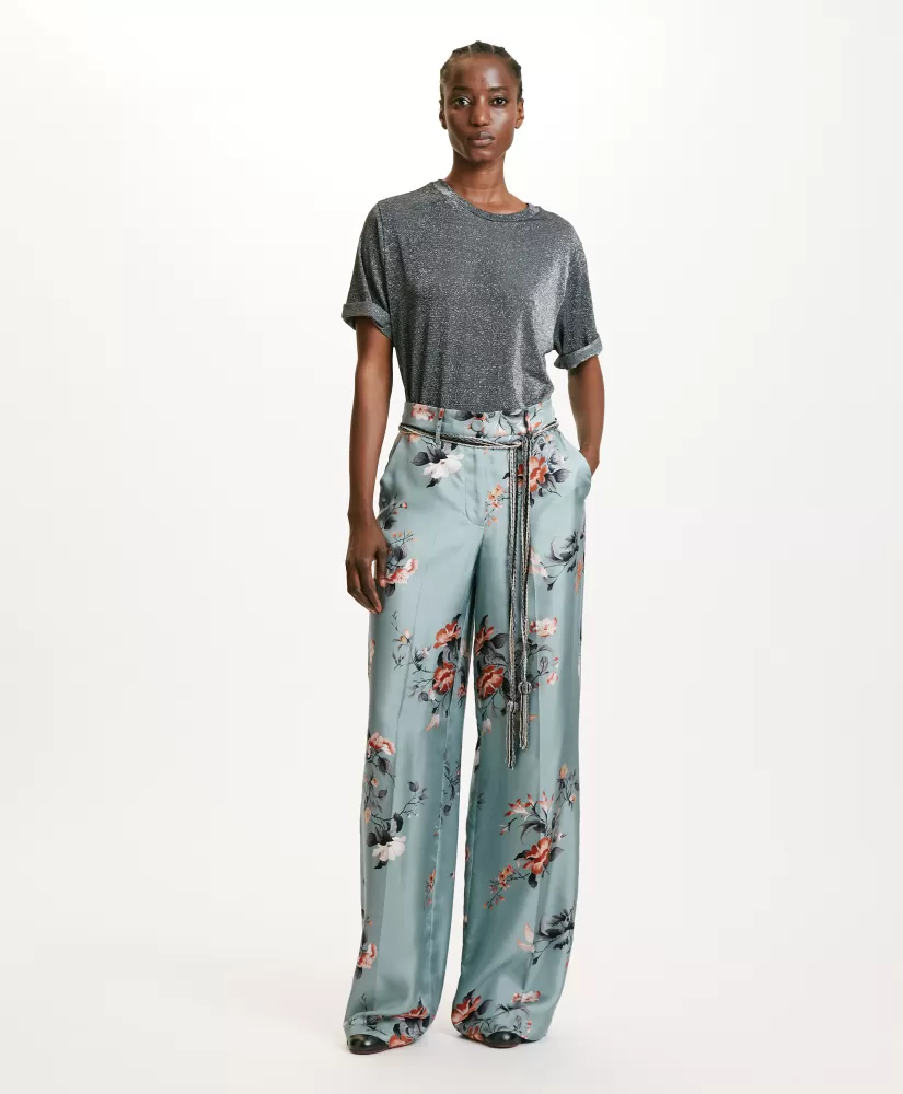 PANTALONI SANSEI IN TWILL DI SETA STAMPATO - AZZURRO/TABACCO-Momoni Clearance