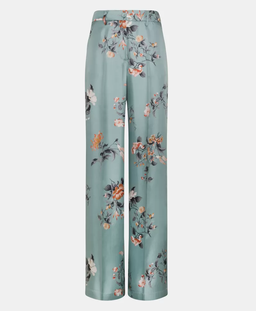 PANTALONI SANSEI IN TWILL DI SETA STAMPATO - AZZURRO/TABACCO-Momoni Clearance