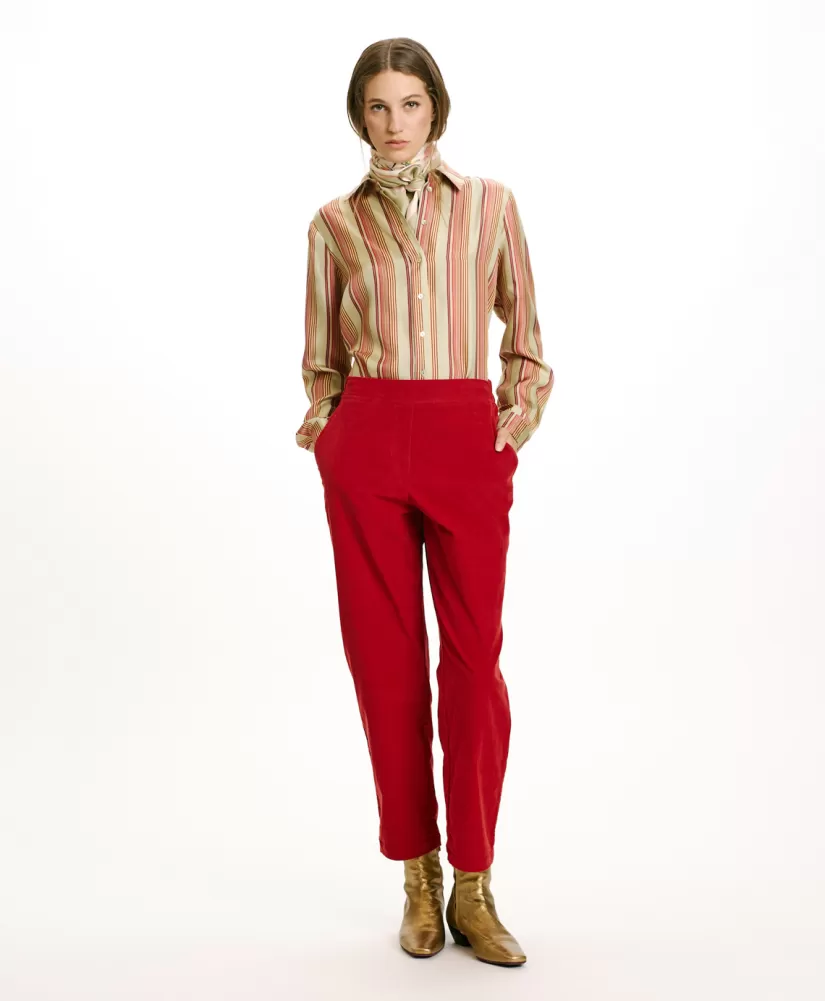 PANTALONI YOKO IN VELLUTO MILLE RIGHE STRETCH-ROSSO CARMINIO-Momoni Best Sale