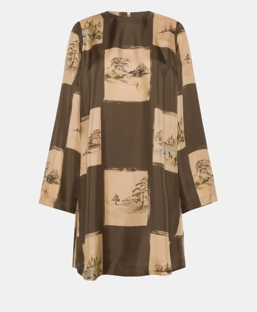 VESTITO MATCHA IN TWILL DI SETA STAMPATO-MULTICOLORE CACAO-Momoni Cheap