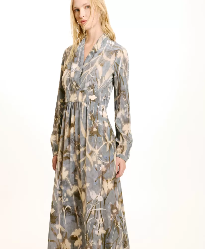 VESTITO SUITA IN CREPE DE CHINE STAMPATO-BLU POLVERE/CREMA-Momoni Flash Sale